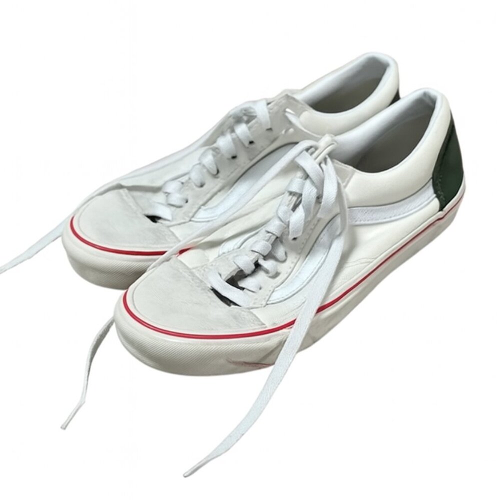 Vans White & Green Low Top Sneakers | Red Stripe | Men’s Size 8